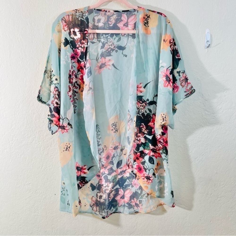 No Brand Women Floral Kimono Cardigan Size Medium Blue/Pink Boho Festival Vacay